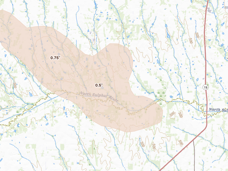 Radar-estimated hail-size map of the storm over Roxton, TX on Jul 6, 2026