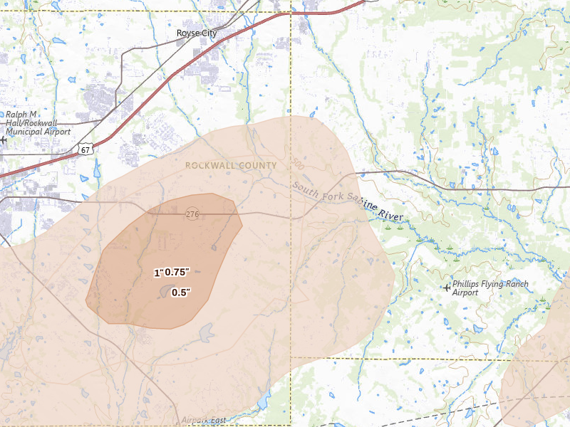 Radar-estimated hail-size map of the storm over Royse City, TX on Mar 4, 2026