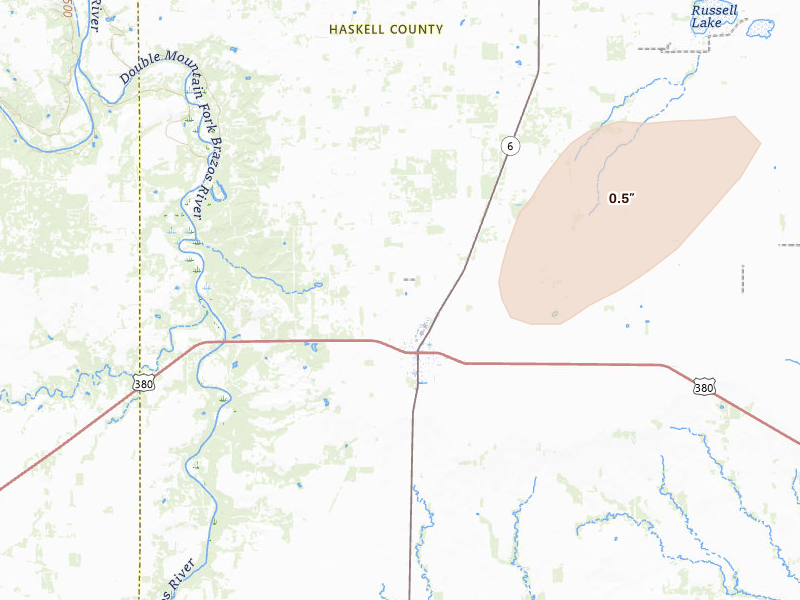 Radar-estimated hail-size map of the storm over Rule, TX on May 15, 2026