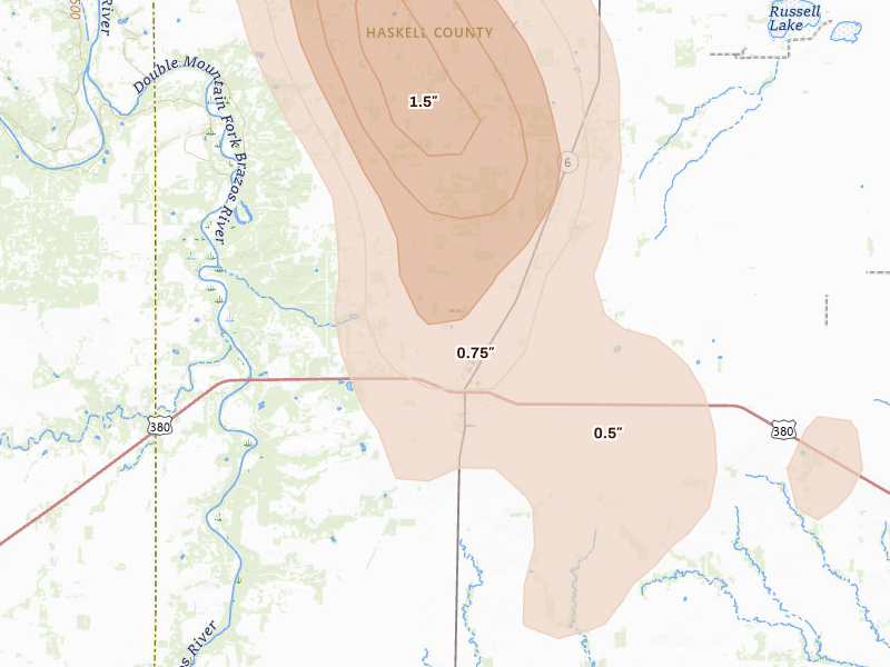 Radar-estimated hail-size map of the storm over Rule, TX on May 22, 2026