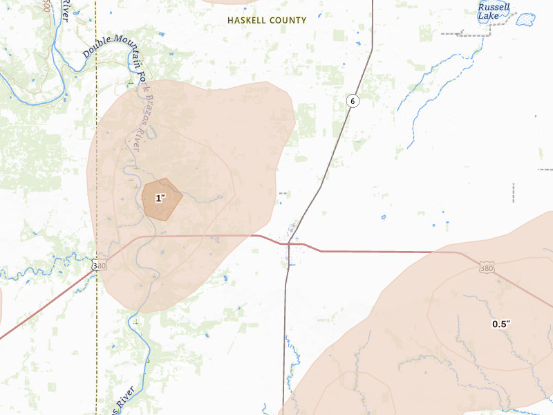 Radar-estimated hail-size map of the storm over Rule, TX on Jul 5, 2026