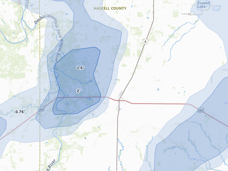 NEXRAD radar-signature map of the hail storm over Rule, TX on Jul 5, 2026