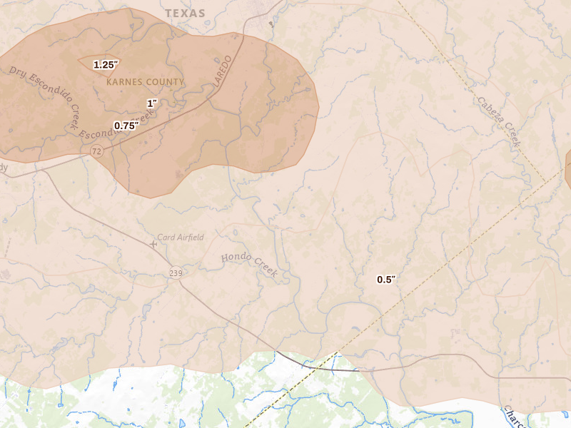 Radar-estimated hail-size map of the storm over Runge, TX on May 1, 2026