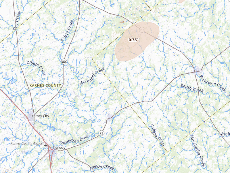 Radar-estimated hail-size map of the storm over Runge, TX on May 22, 2026