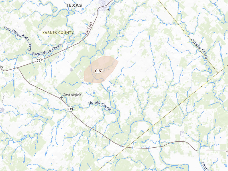 Radar-estimated hail-size map of the storm over Runge, TX on Jun 19, 2026