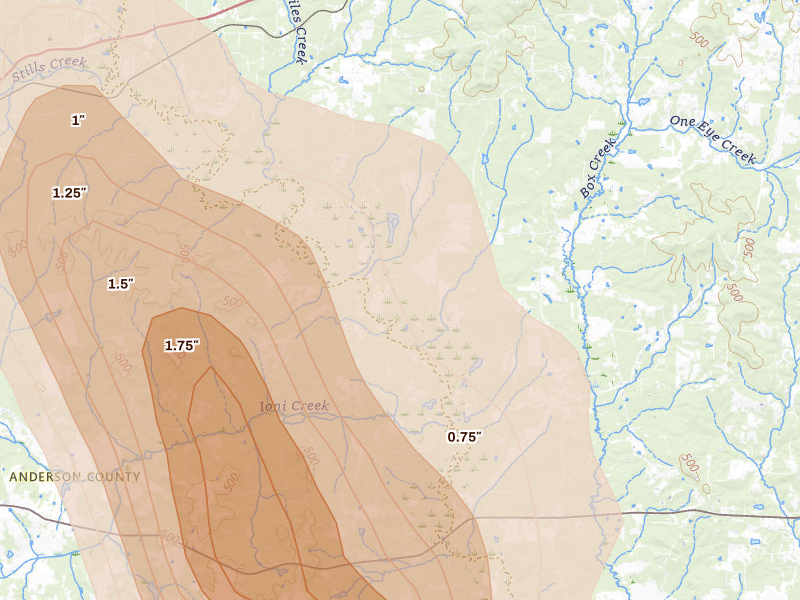 Radar-estimated hail-size map of the storm over Rusk, TX on Apr 24, 2026