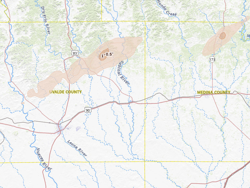 Radar-estimated hail-size map of the storm over Sabinal, TX on Mar 7, 2026