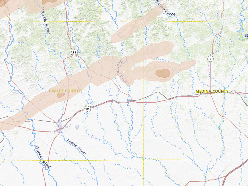 Radar-estimated hail-size map of the storm over Sabinal, TX on Apr 14, 2026