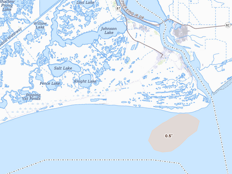Radar-estimated hail-size map of the storm over Sabine Pass, TX on May 23, 2026