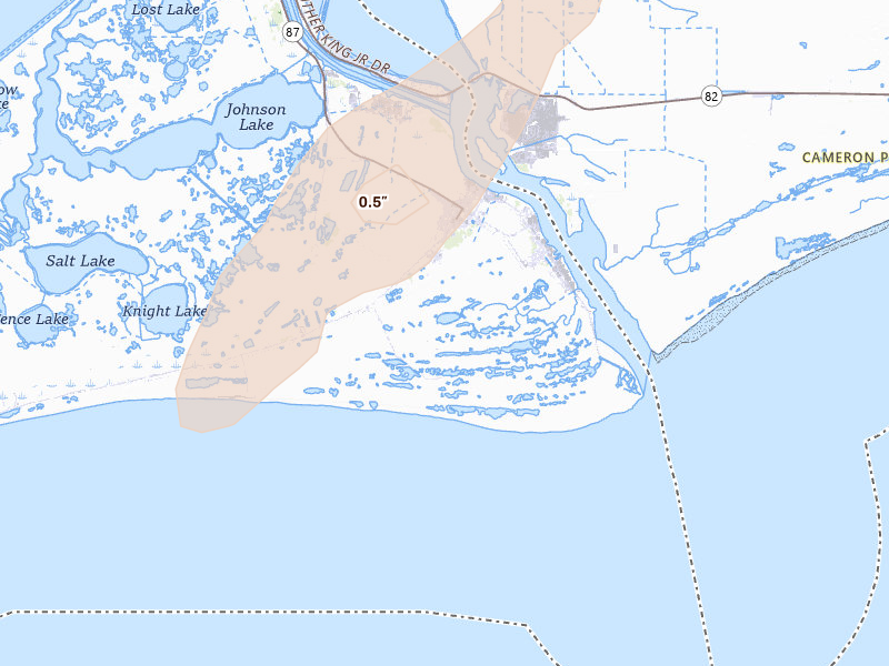 Radar-estimated hail-size map of the storm over Sabine Pass, TX on Jul 22, 2026