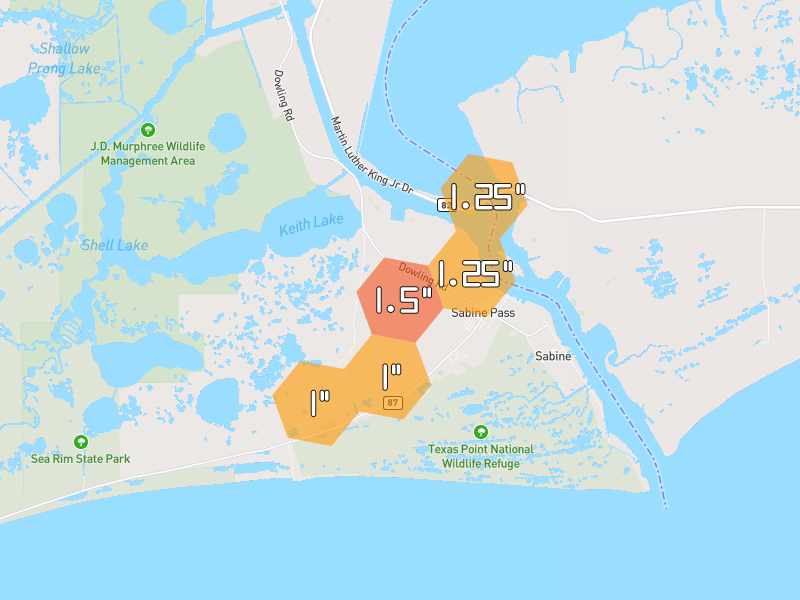Hail map of Sabine Pass, TX on Jul 22, 2026, hail up to 1.5"