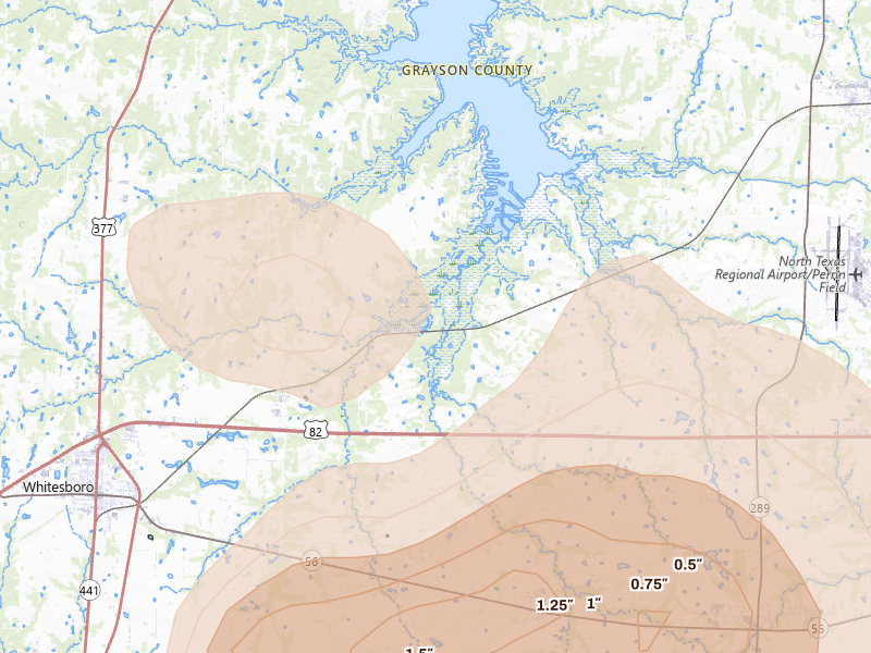Radar-estimated hail-size map of the storm over Sadler, TX on May 9, 2026