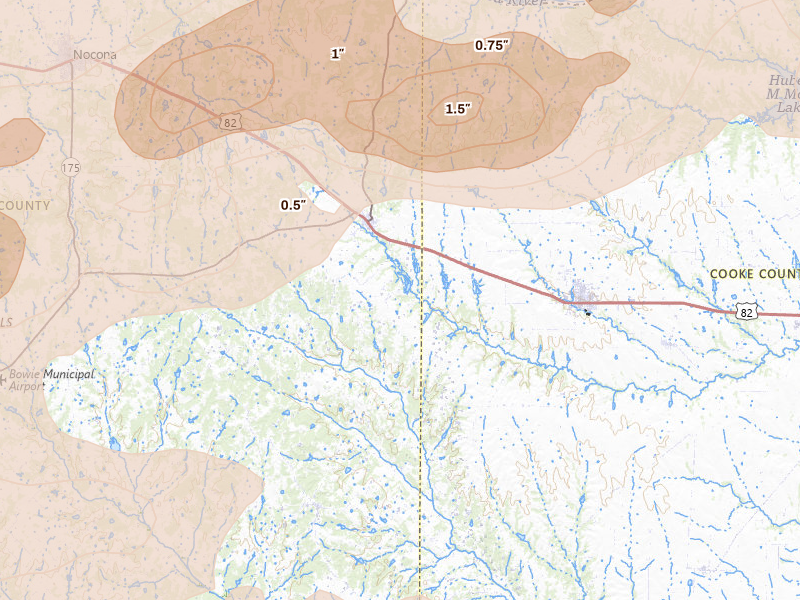 Radar-estimated hail-size map of the storm over Saint Jo, TX on Apr 28, 2026