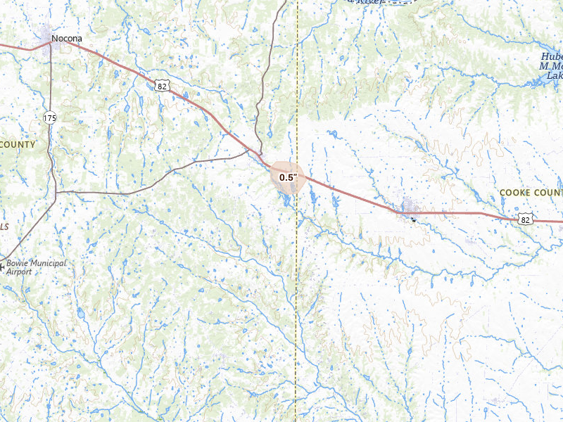 Radar-estimated hail-size map of the storm over Saint Jo, TX on Jul 5, 2026