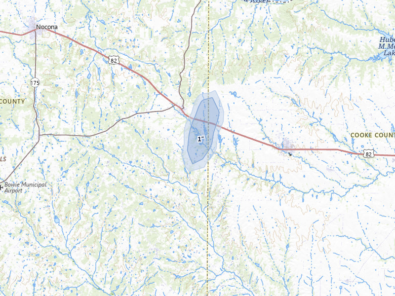 NEXRAD radar-signature map of the hail storm over Saint Jo, TX on Jul 5, 2026