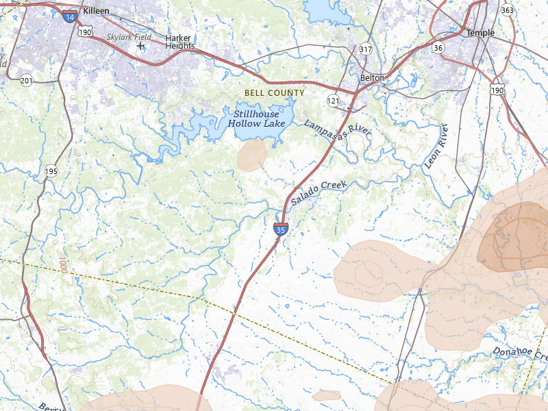 Radar-estimated hail-size map of the storm over Salado, TX on May 10, 2026