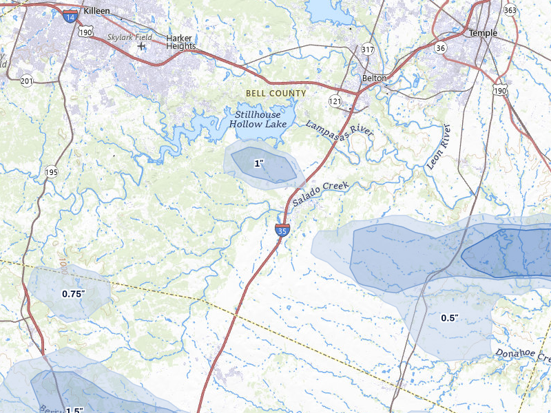NEXRAD radar-signature map of the hail storm over Salado, TX on May 10, 2026