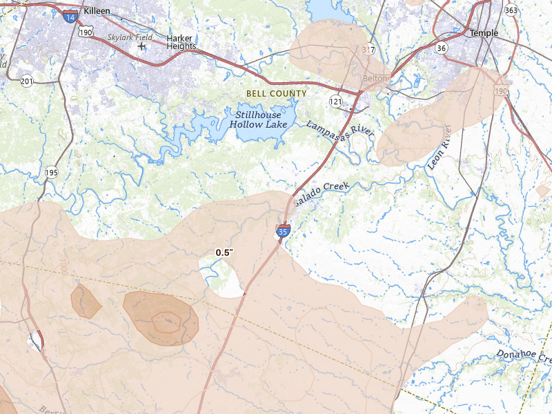 Radar-estimated hail-size map of the storm over Salado, TX on May 19, 2026