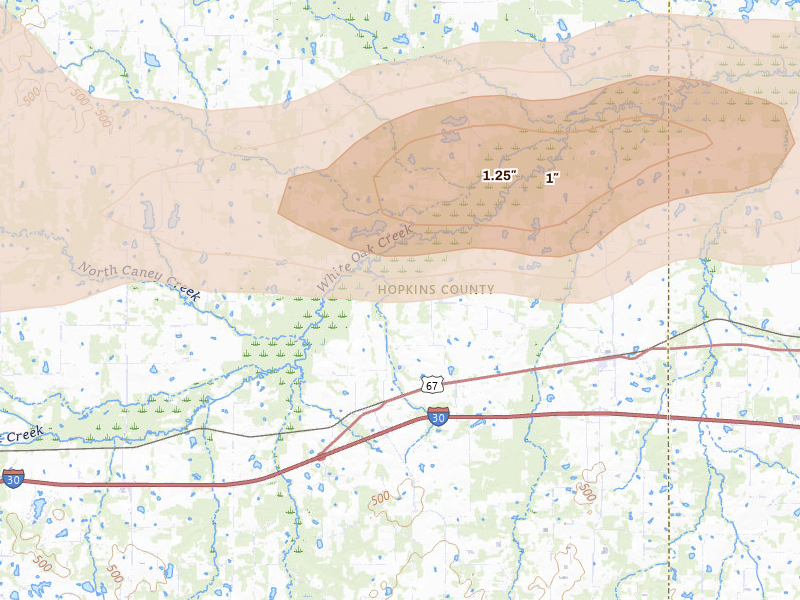 Radar-estimated hail-size map of the storm over Saltillo, TX on Apr 27, 2026