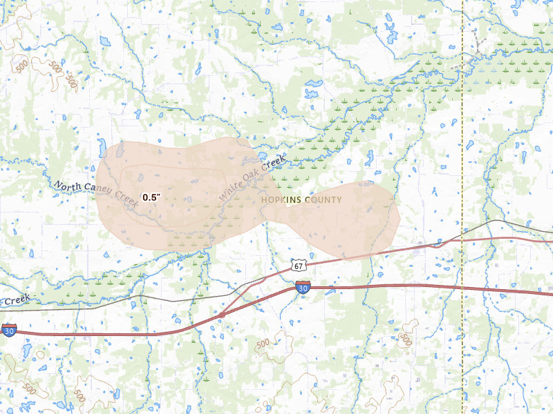 Radar-estimated hail-size map of the storm over Saltillo, TX on Jul 6, 2026