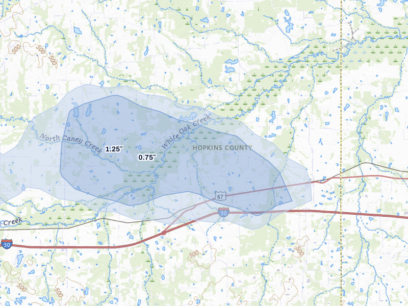 NEXRAD radar-signature map of the hail storm over Saltillo, TX on Jul 6, 2026