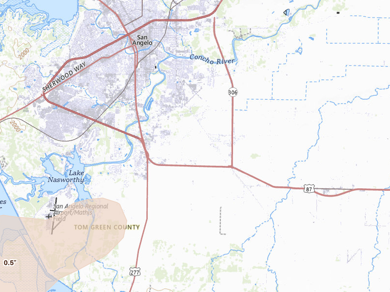 Radar-estimated hail-size map of the storm over San Angelo, TX on Apr 18, 2026