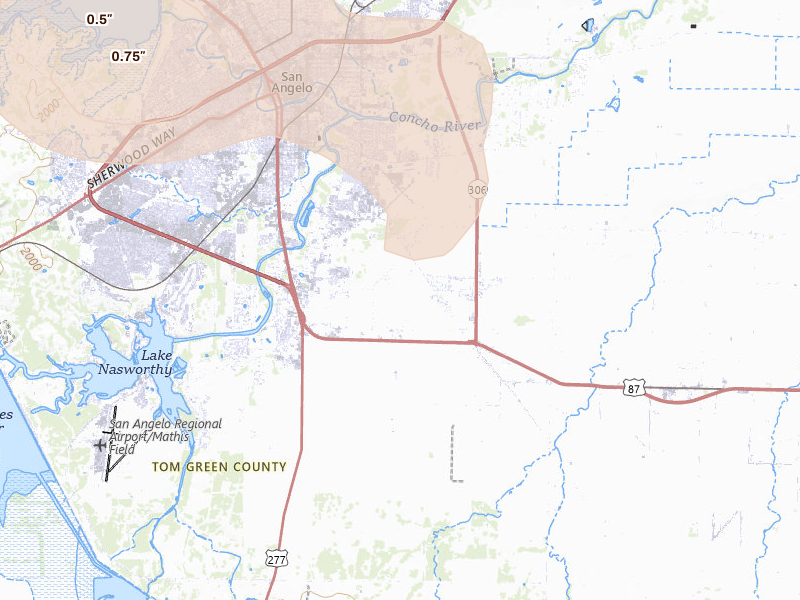 Radar-estimated hail-size map of the storm over San Angelo, TX on May 10, 2026