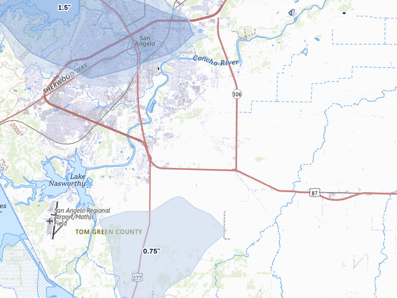 NEXRAD radar-signature map of the hail storm over San Angelo, TX on May 10, 2026