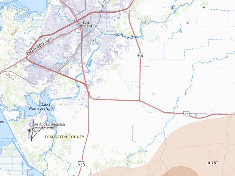 Radar-estimated hail-size map of the storm over San Angelo, TX on May 19, 2026