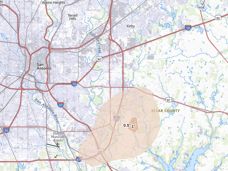 Radar-estimated hail-size map of the storm over San Antonio, TX on Mar 8, 2026