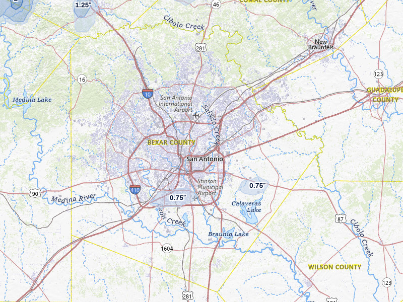 NEXRAD radar-signature map of the hail over San Antonio, TX