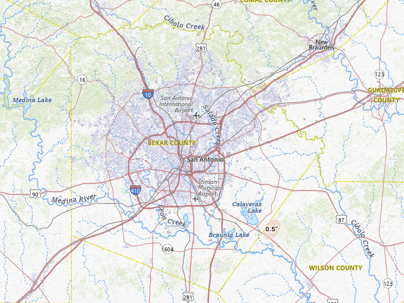 Radar-estimated hail-size map of the storm over San Antonio, TX on Jul 15, 2026