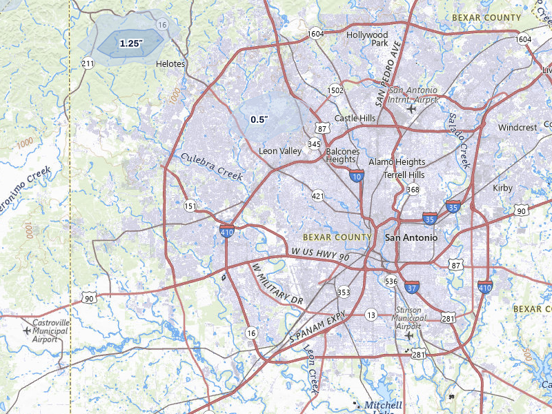 NEXRAD radar-signature map of the hail storm over San Antonio, TX on Aug 27, 2026