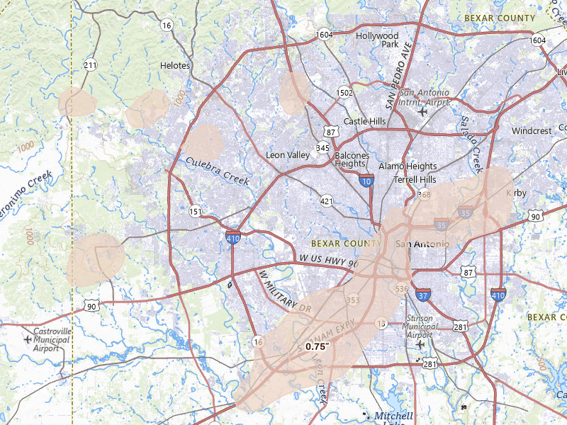 Radar-estimated hail-size map of the storm over San Antonio, TX on Aug 28, 2026