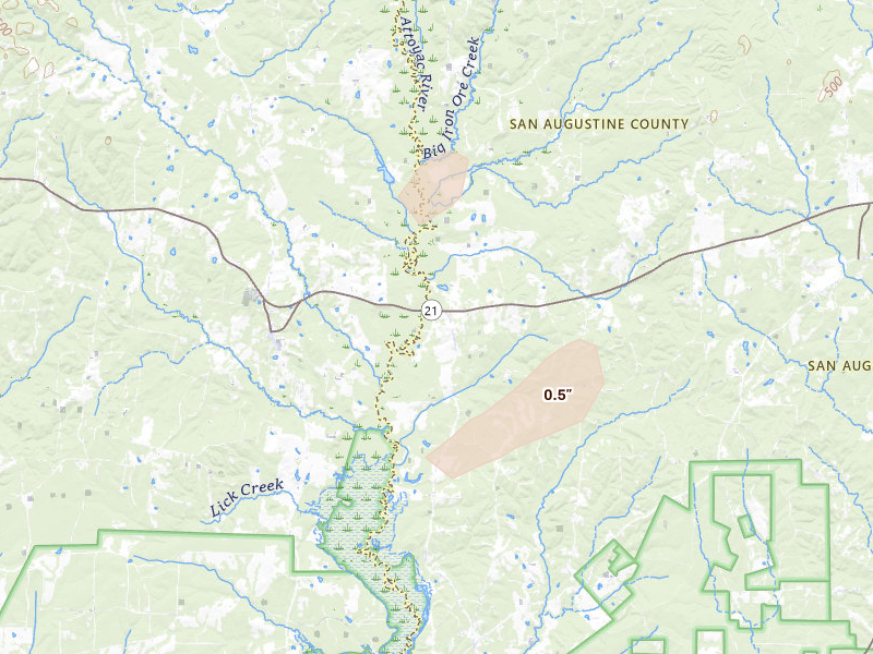 Radar-estimated hail-size map of the storm over San Augustine, TX on Mar 7, 2026
