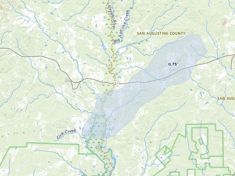 NEXRAD radar-signature map of the hail storm over San Augustine, TX on Mar 7, 2026