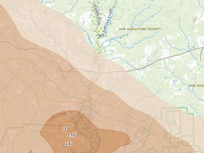 Radar-estimated hail-size map of the storm over San Augustine, TX on Mar 15, 2026
