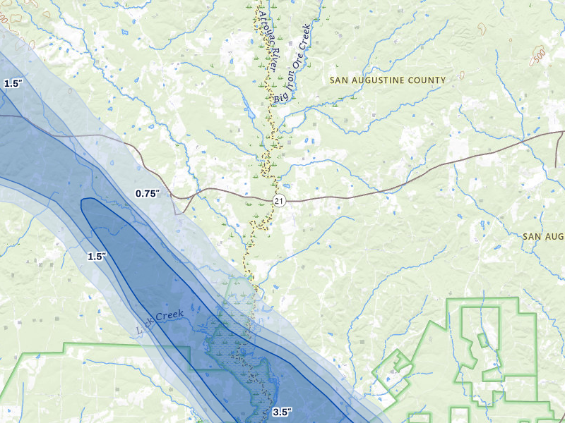 NEXRAD radar-signature map of the hail over San Augustine, TX