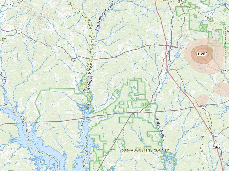 Radar-estimated hail-size map of the storm over San Augustine, TX on Jul 6, 2026