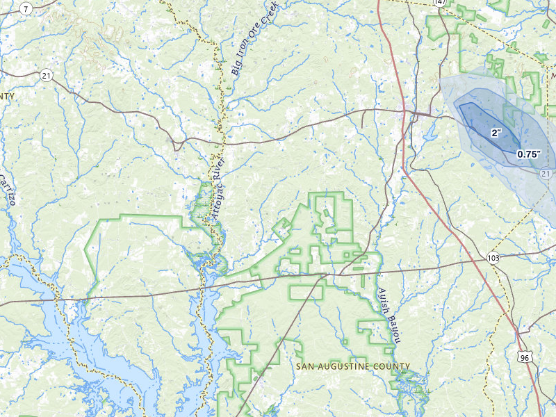 NEXRAD radar-signature map of the hail storm over San Augustine, TX on Jul 6, 2026