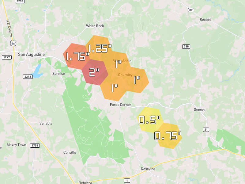 Hail map of San Augustine, TX on Jul 7, 2026, hail up to 2"