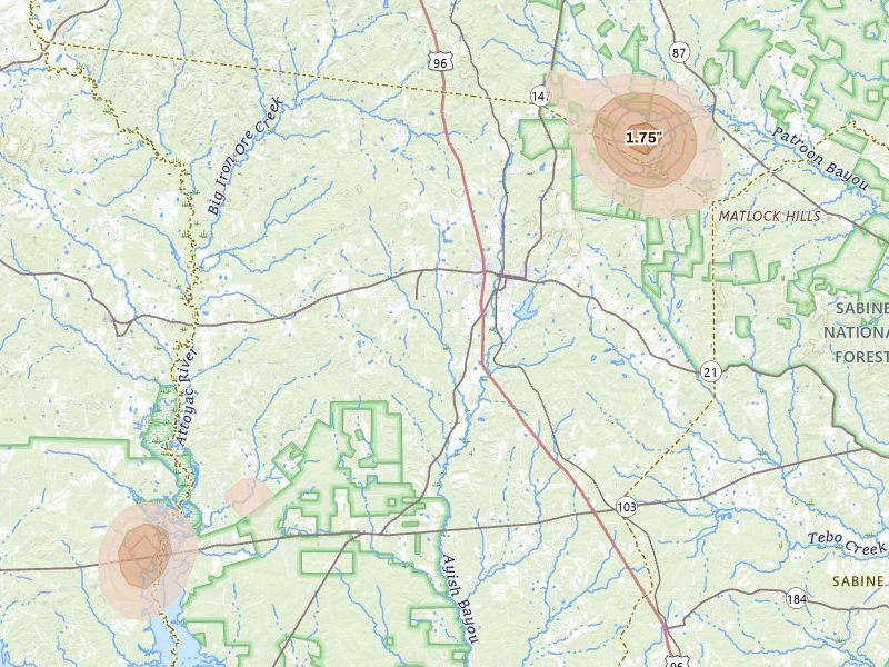 Radar-estimated hail-size map of the storm over San Augustine, TX on Aug 21, 2026