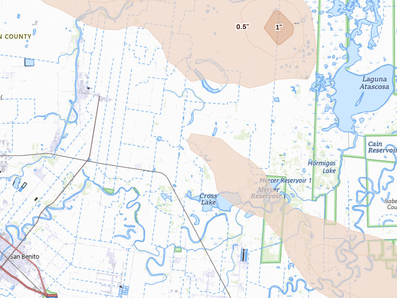 Radar-estimated hail-size map of the storm over San Benito, TX on Jul 20, 2026