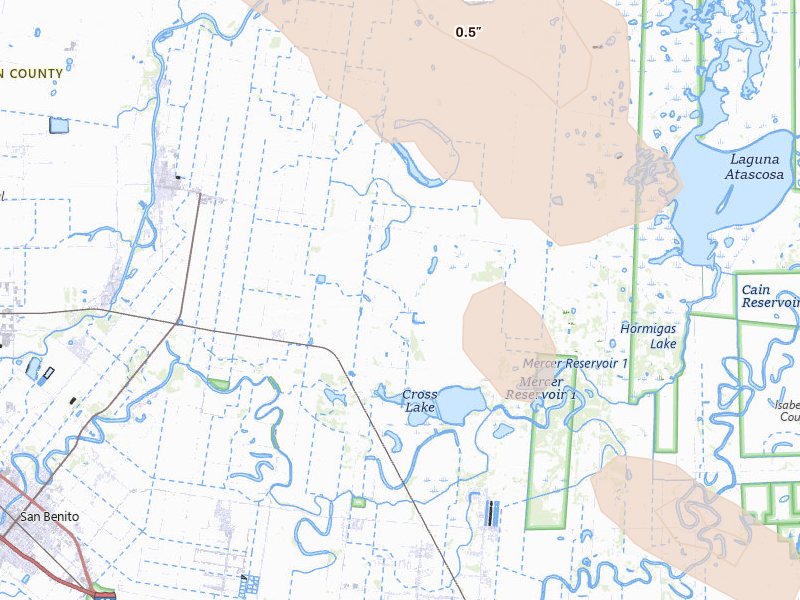 Radar-estimated hail-size map of the storm over San Benito, TX on Jul 22, 2026
