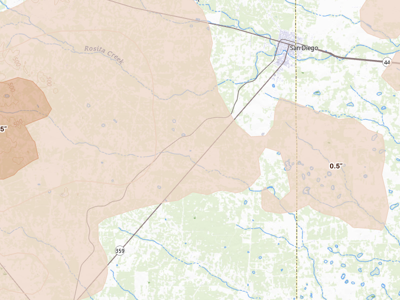 Radar-estimated hail-size map of the storm over San Diego, TX on May 26, 2026