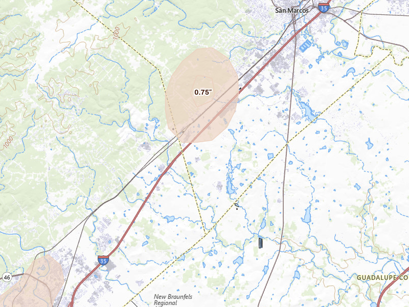 Radar-estimated hail-size map of the storm over San Marcos, TX on May 9, 2026