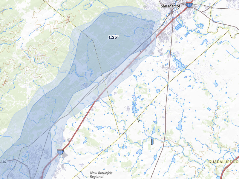 NEXRAD radar-signature map of the hail over San Marcos, TX