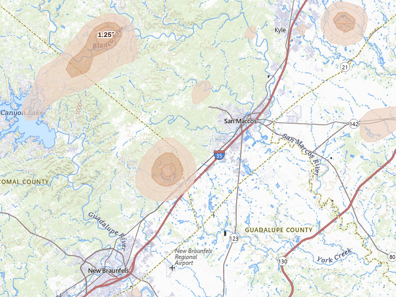 Radar-estimated hail-size map of the storm over San Marcos, TX on Aug 28, 2026