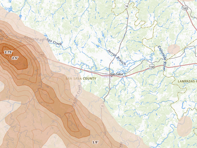 Radar-estimated hail-size map of the storm over San Saba, TX on May 10, 2026