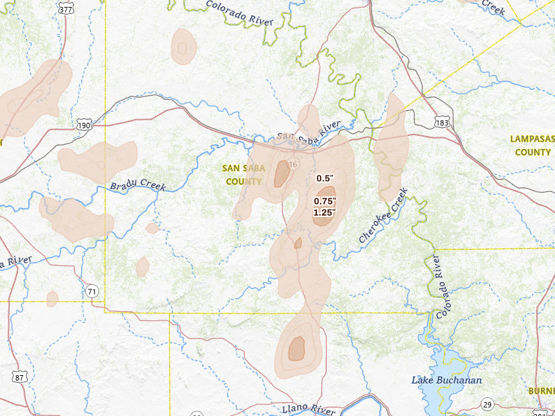 Radar-estimated hail-size map of the storm over San Saba, TX on Jun 19, 2026